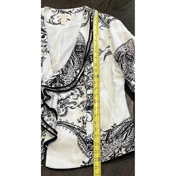 CHICOS Jacket 2 Large Black White Linen Blend Open Blazer Floral Paisley Drape - Picture 6 of 8